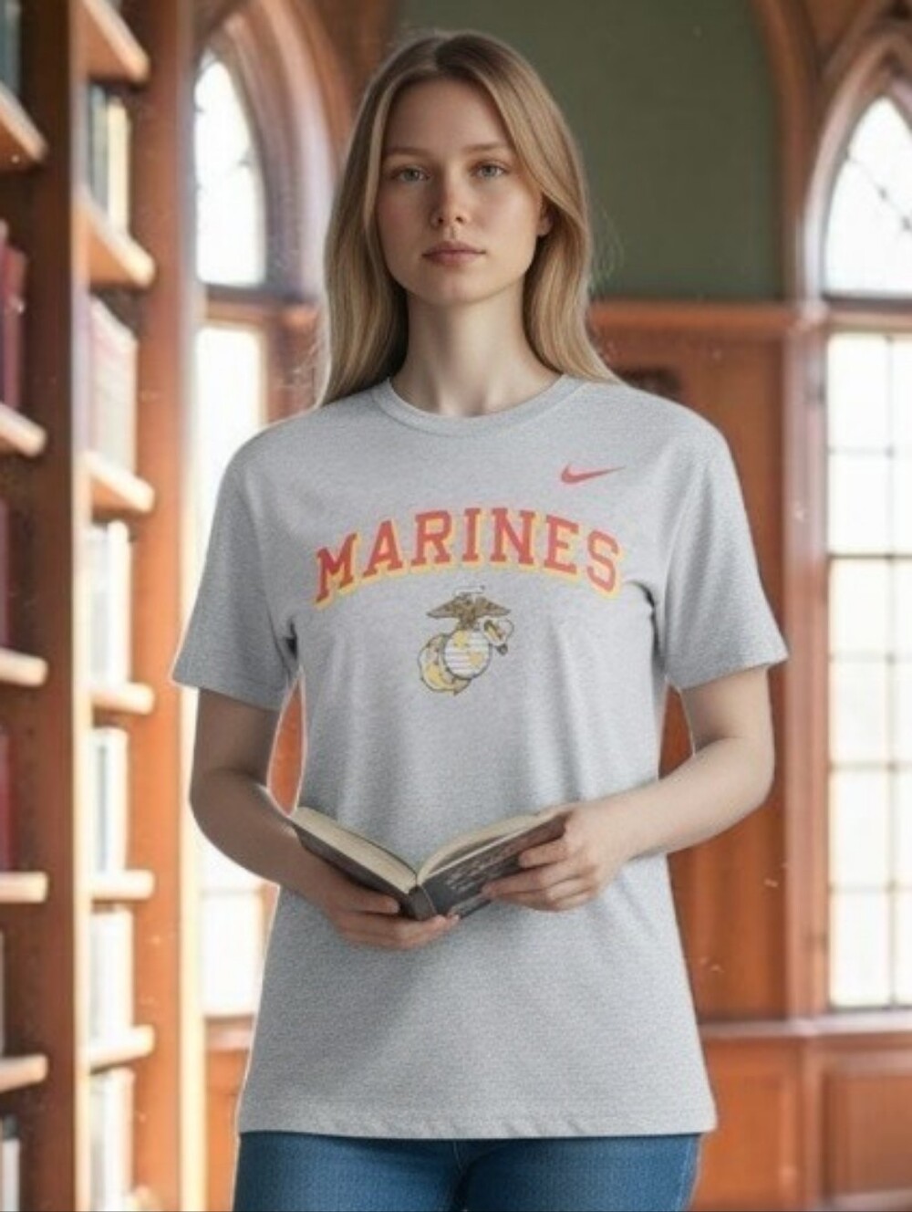 The Nike Tee USMC Marines Graphic T-Shirt Women's Size Large Grey BV2007-06G